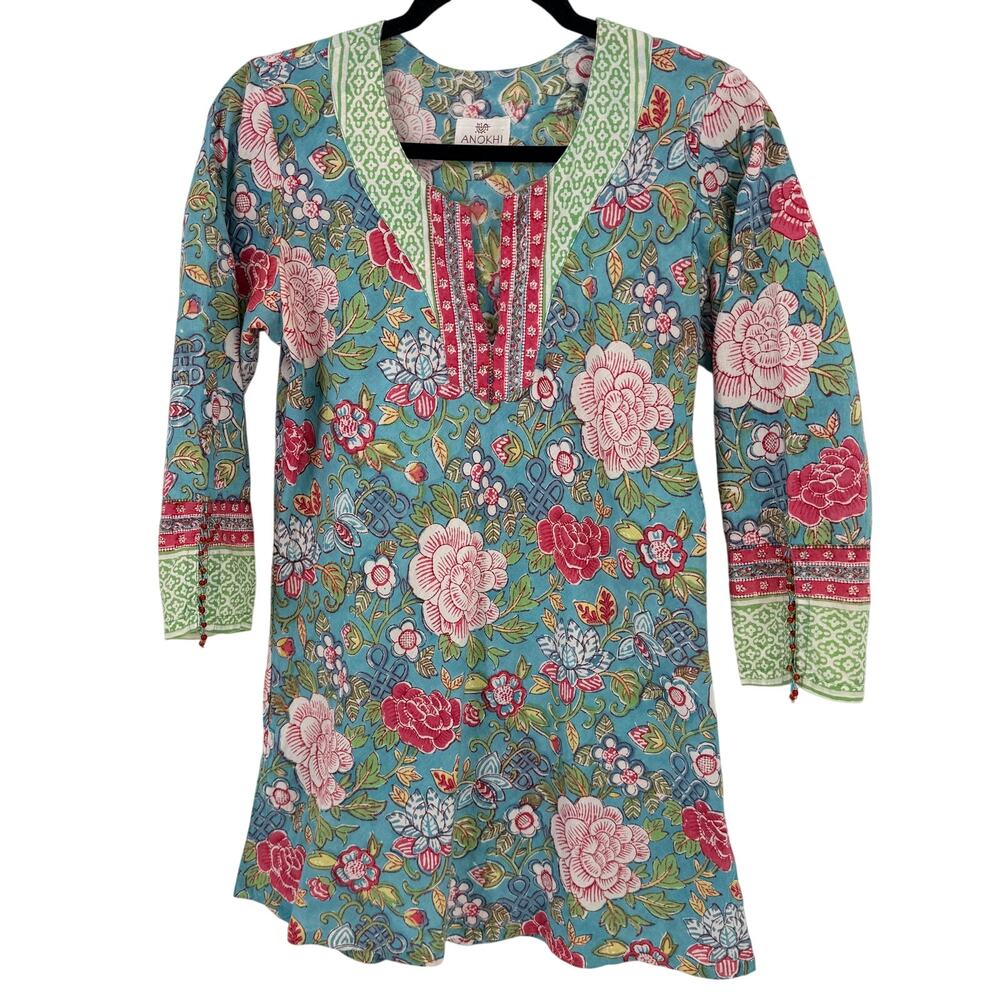 Anokhi Floral Cotton Tunic Top Kurta Shirt Women Sz Small Blue Pink India